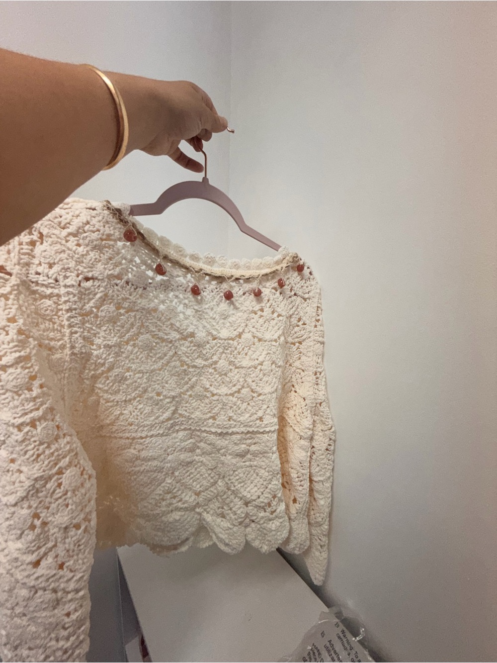 POL Cream Crochet Knit Sweater with Beaded Neckline
